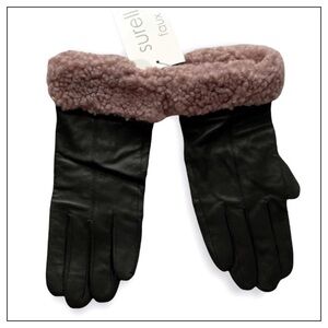 Surell Pink Faux Fur Trimmed Black Leather Gloves